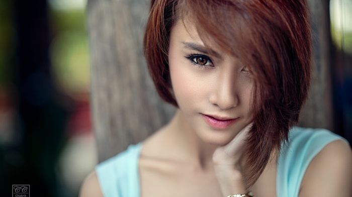 portrait, Asian, face, girl, redhead