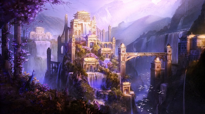 waterfall, artwork, city, mountain, fantasy art, castle, Shangri, La