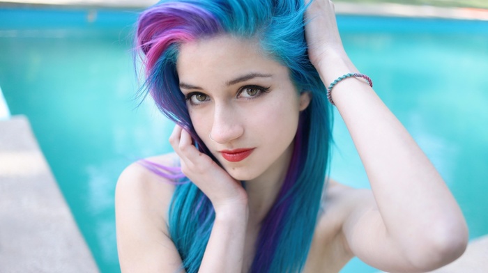 armpits, swimming pool, pink hair, blue hair, pale, Fay Suicide, nose rings