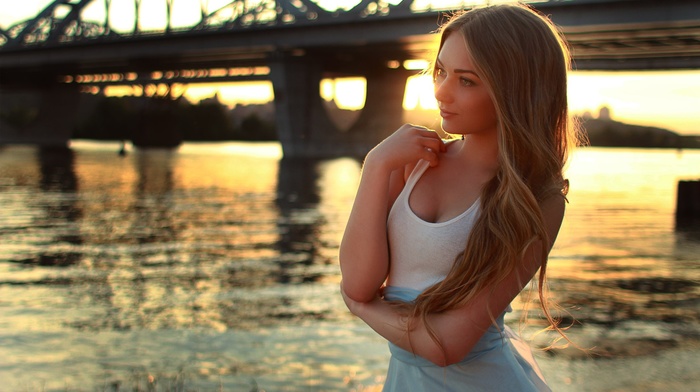 girl, sunset, bridge, looking away, blonde, river, dress
