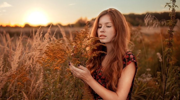 sunset, girl outdoors, painted nails, plants, girl, redhead