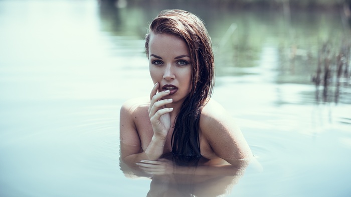 girl, wet body, open mouth, nude, finger in mouth, wet hair