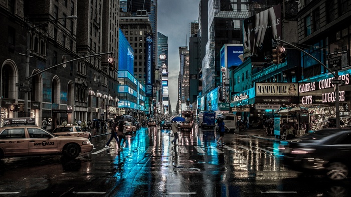 cityscape, car, city, street, New York City, motion blur, rain