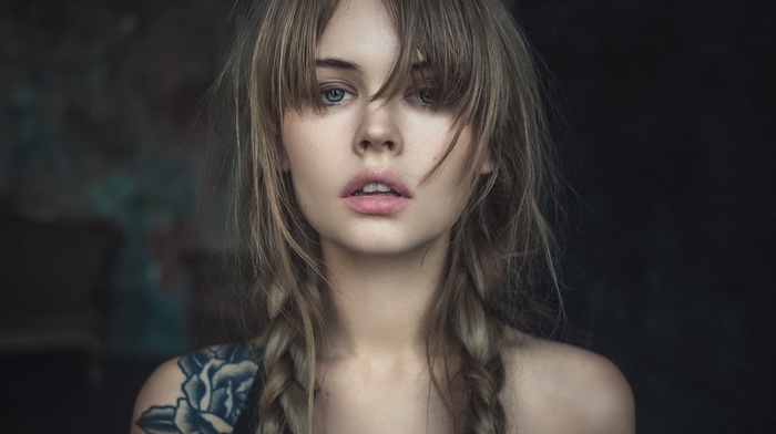 face, brunette, Anastasia Scheglova, girl, tattoo, long hair, portrait, bangs, braids, model