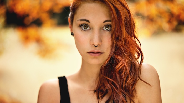 piercing, redhead, pierced nose, girl, orange hair, face, blurred, long hair, orange eyes, Victoria Ryzhevolosaya