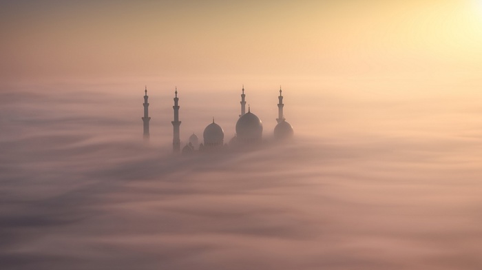 mist, temple, clouds, landscape, nature, sunrise, architecture
