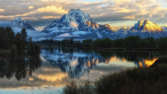 trees, Grand Teton National Park, clouds, mountain, reflection, snowy peak, shrubs, sunrise, nature, glowing, forest, river, landscape