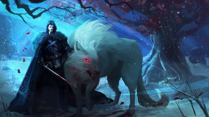direwolves, wolf, concept art, direwolf, Jon Snow, a song of ice and fire, ghost, artwork, sword, fantasy art, Game of Thrones