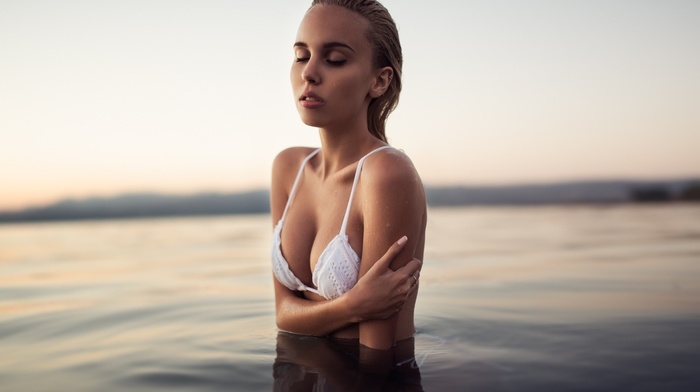 bikini, Maria Domark, Matan Eshel, wet body, model, wet hair, sea, closed eyes, flat belly