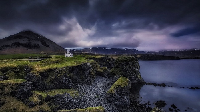 Iceland, house, nature, coast, sea, landscape, clouds, beach, mountain