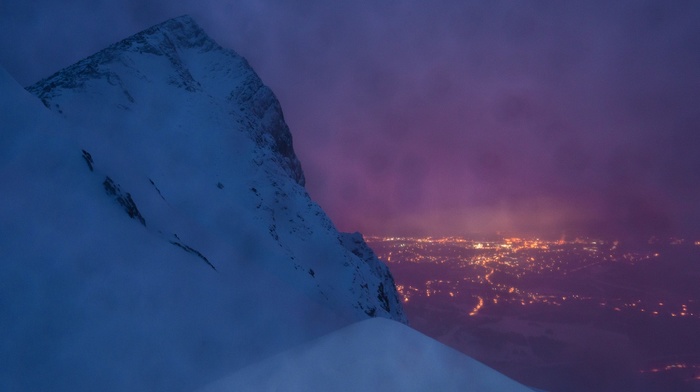 lights, cold, snow, mountain, nature, cityscape, mist, valley, landscape, winter