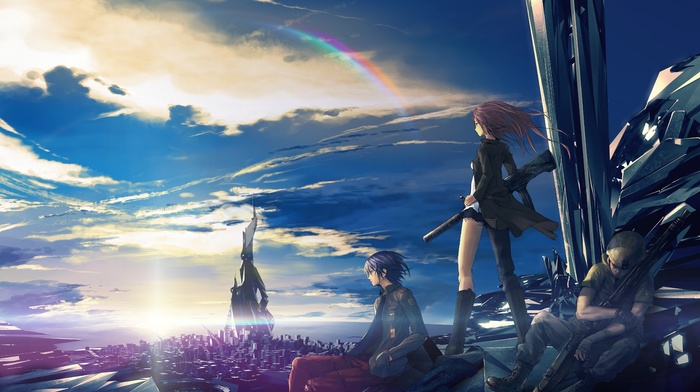 futuristic, anime, weapon, original characters, rainbows, clouds, sky