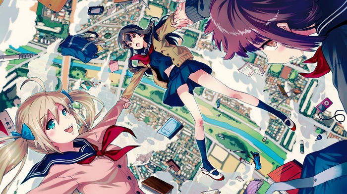 school uniform, falling, anime girls