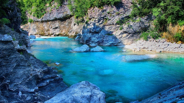 turquoise, water, river, rock, landscape, nature, Slovenia, shrubs