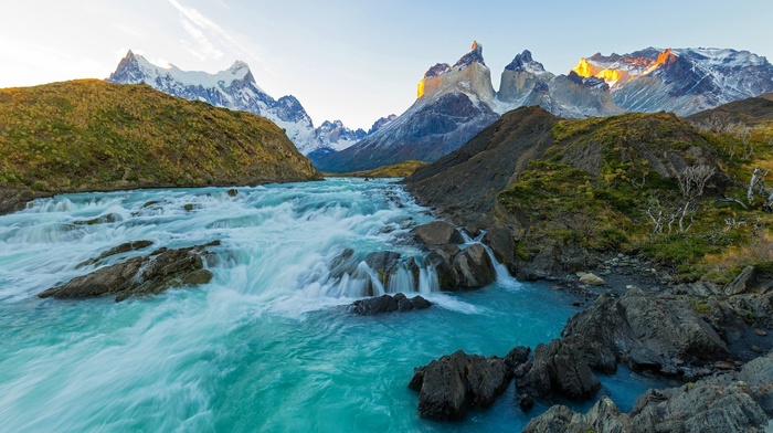 water, landscape, sunset, turquoise, Chile, rapids, mountain, nature, Torres del Paine, snowy peak, river