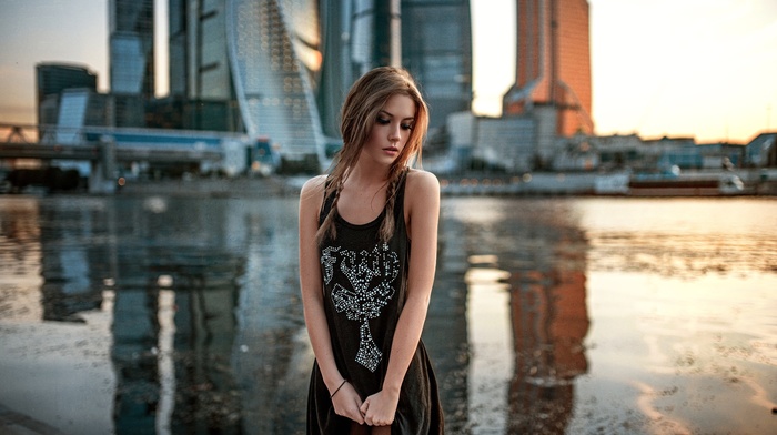 city, girl, looking down, blonde, river, dress, model