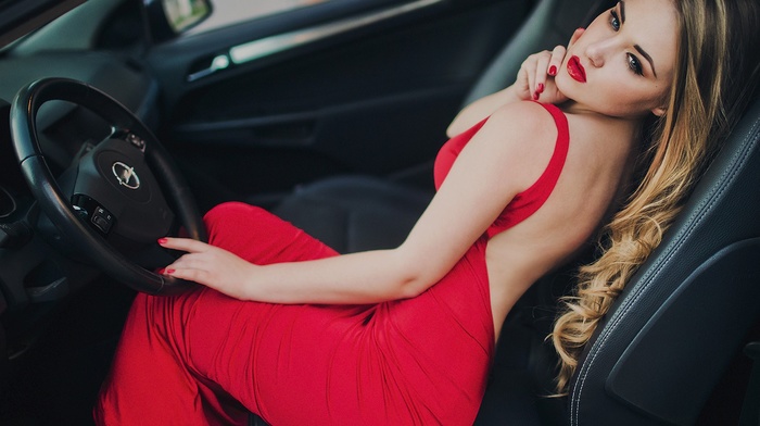 painted nails, model, red dress, girl, lipstick, looking away, blonde, car, sitting, girl with cars