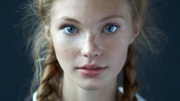 freckles, blonde, face, braids, portrait, looking at viewer, blue eyes, girl