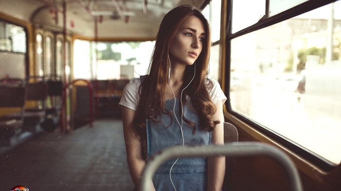 buses, girl, looking away, headphones, sitting