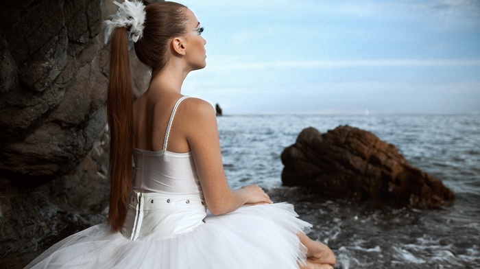 looking away, sitting, model, rock, girl, white dress, sea