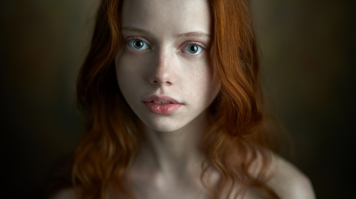 redhead, freckles, portrait, model, face, bare shoulders, girl, wavy hair