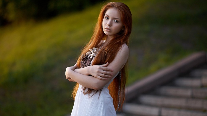 model, long hair, white dress, redhead, girl