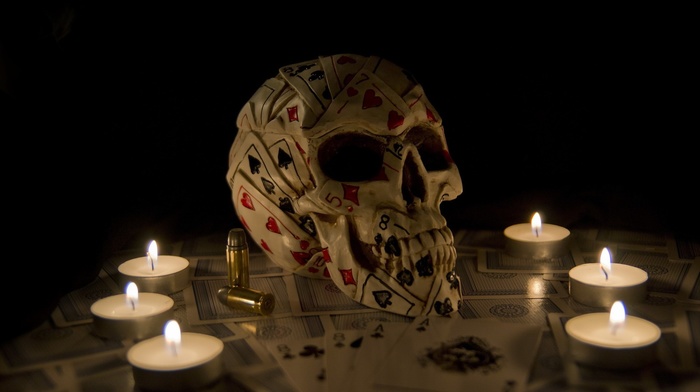 candles, playing cards, artwork, fantasy art, skull