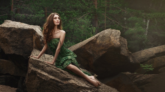 girl, sitting, rock, dress, nature, model, brunette