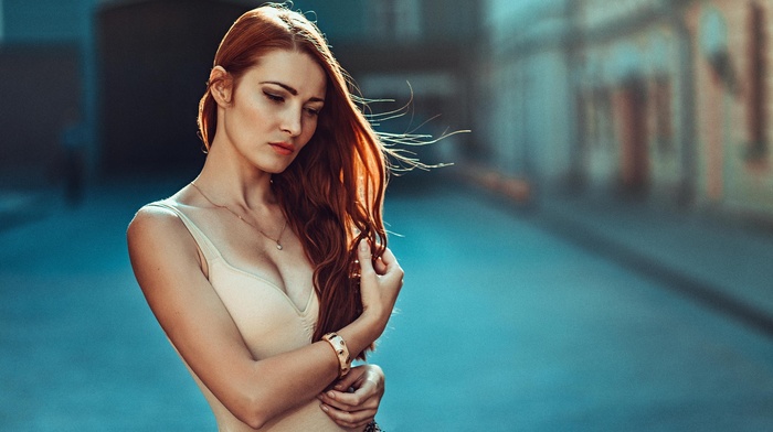 long hair, girl outdoors, Georgiy Chernyadyev, cleavage, depth of field, redhead, girl