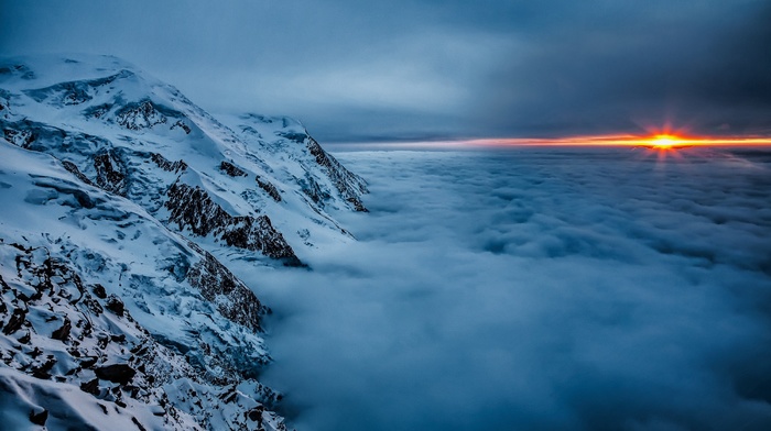 mist, nature, landscape, blue, mountain, sunset, snow, clouds