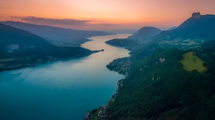 landscape, lake, city, France, mist, sunset, clouds, nature, hill, aerial view