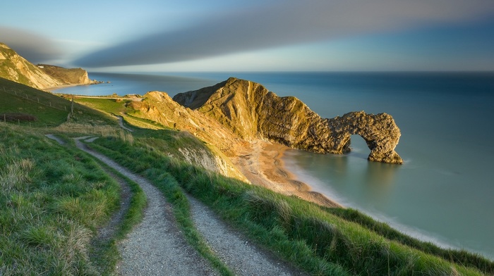 rock formation, cliff, path, rock, beach, Europe, calm, nature, grass, UK, England, sea, Durdle Door, sand, coast, landscape, long exposure, sunset