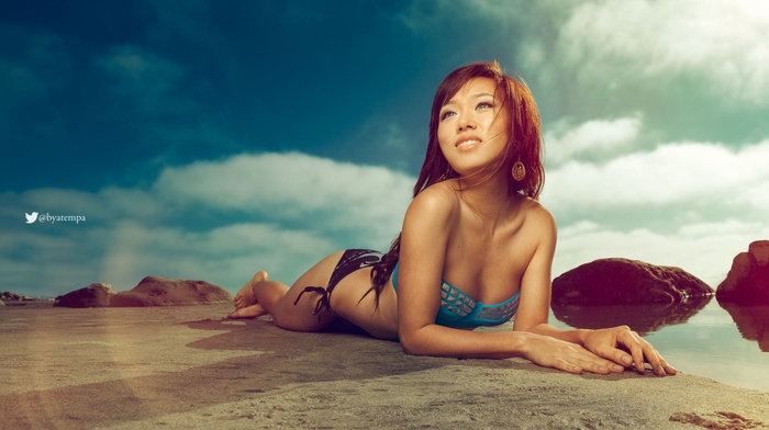 bikini, Asian, model, smiling, girl, sand