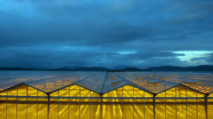 clouds, greenhouse, glass, yellow, landscape, hill, nature, blue