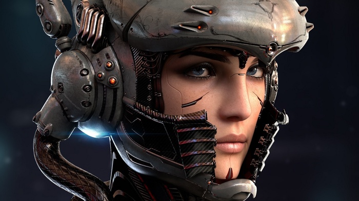face, technology, girl, blue eyes, wires, helmet, digital art, robot, bionics, lights, cyborg