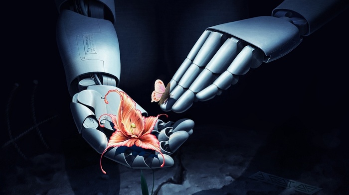 flowers, technology, butterfly, robot, hand, 3D