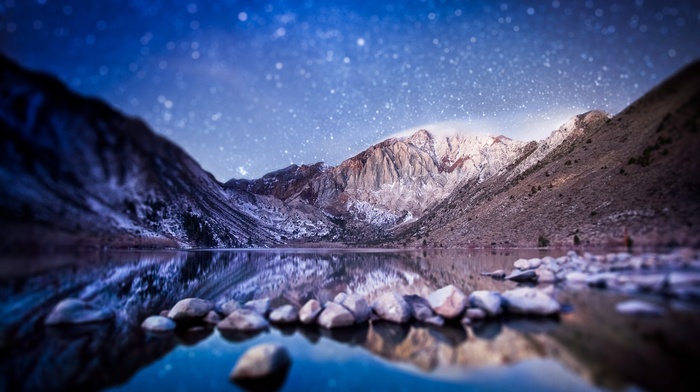 mountain, snow, water, tilt shift, lake, stars, reflection, valley, rock