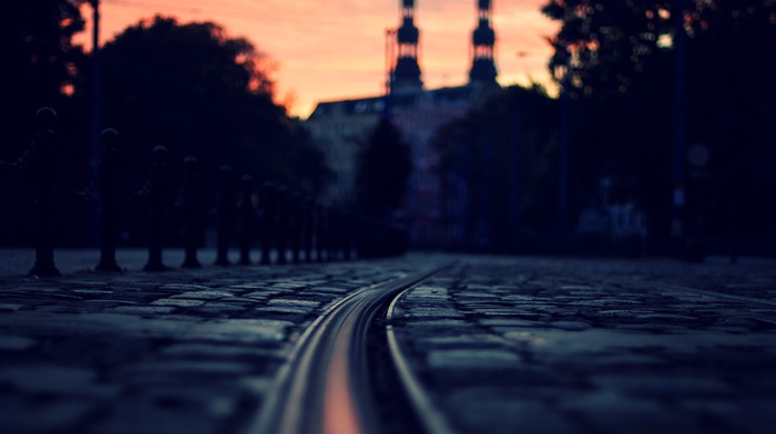 sunset, depth of field, tiles, street, architecture, lights, rail yard, building, evening, trees, cityscape, city