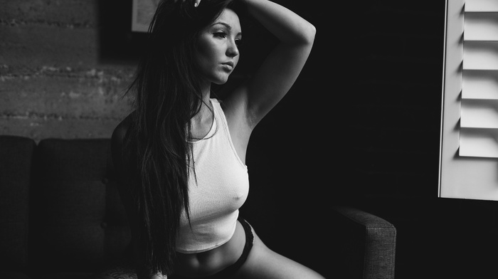 Kristina Chai, hands on head, model, monochrome, armpits, nipples through clothing, tattoo, sitting, girl, hands in hair, lingerie