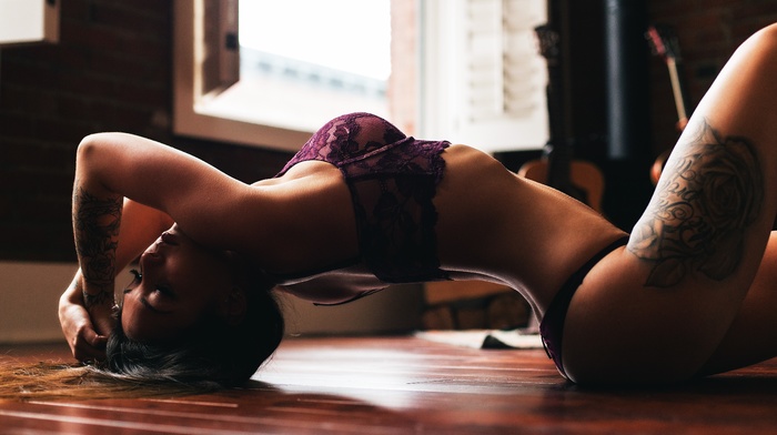 tattoo, arched back, lingerie, closed eyes, ass, girl, wooden surface, on the floor, model