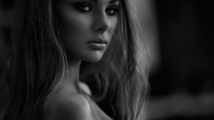 girl, portrait, face, model, cleavage, monochrome