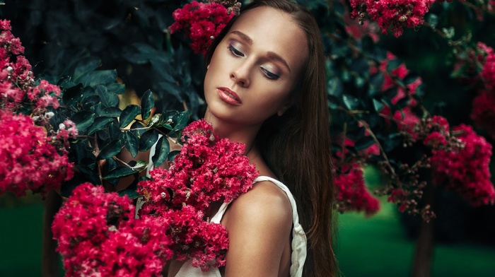 portrait, model, girl, face, flowers