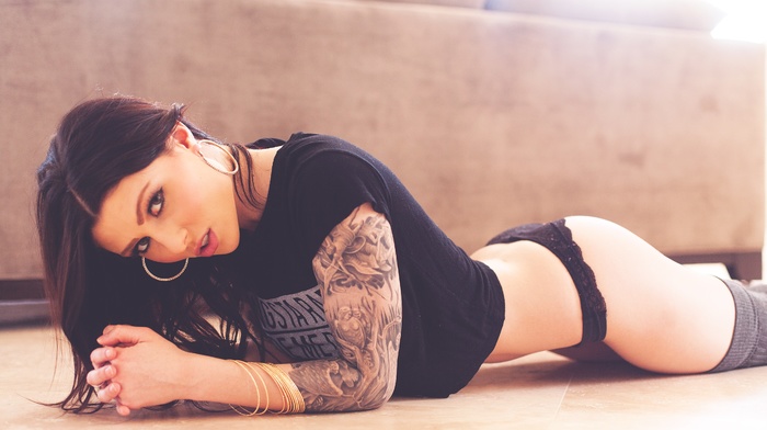 girl, tattoo, Nicole Rose, lingerie, on the floor, model