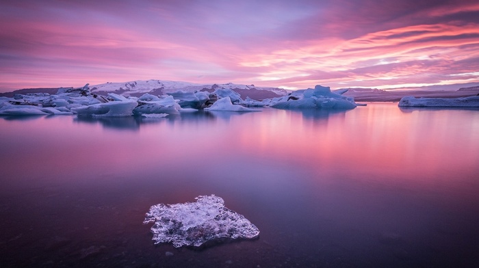 nature, ice, hill, clouds, lake, water, landscape, sunrise, winter