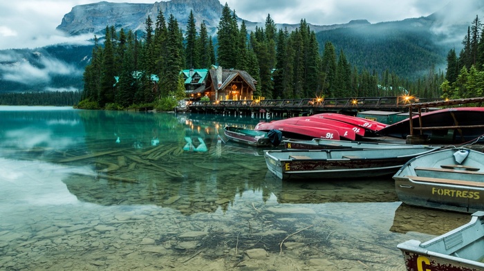 hotels, mist, lake, mountain, boat, nature, trees, water, canoes, landscape, forest, banff national park