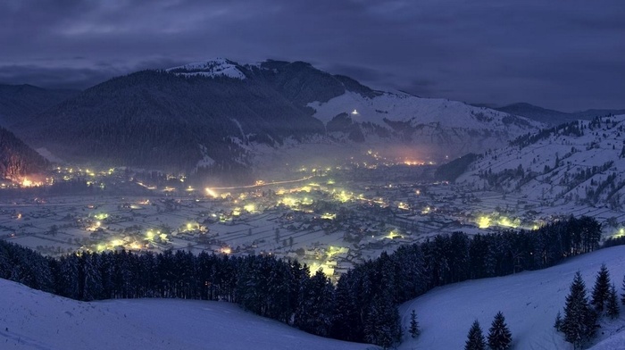 cityscape, Romania, evening, nature, winter, clouds, mountain, landscape, forest, snow