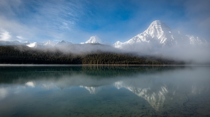 nature, clouds, morning, Canada, mist, snowy peak, landscape, water, reflection, mountain, lake, forest