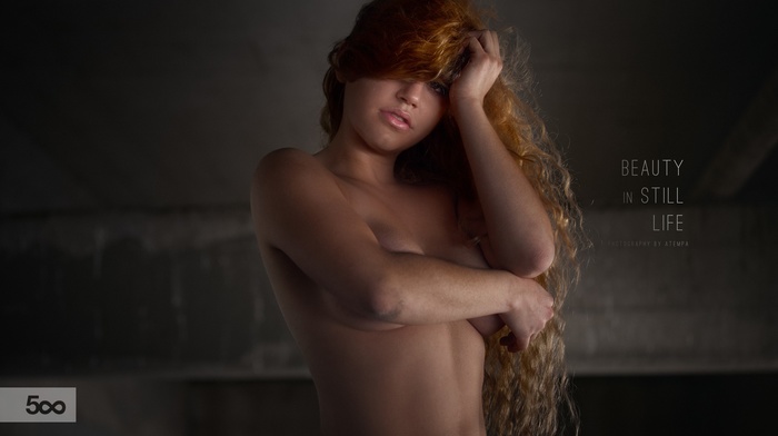 arms on chest, redhead, wavy hair, model, hair in face, girl, holding boobs, strategic covering, topless, nude, long hair