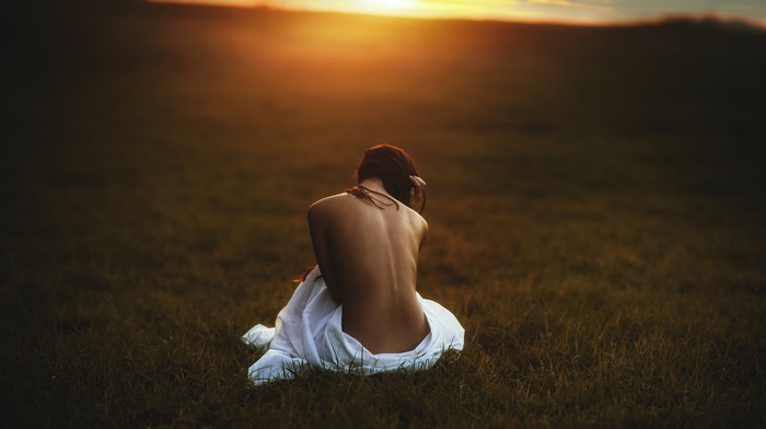 brunette, back, girl, sitting, sunset, girl outdoors, model, long hair