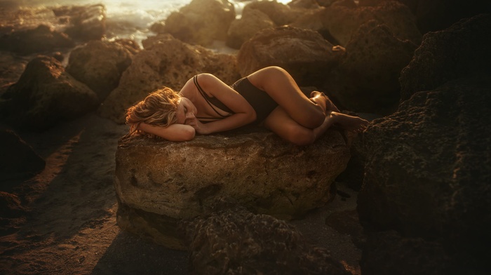 girl, One, piece swimsuit, model, blonde, rock, sea